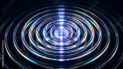 Concentric transparent glass rings rippling outward with spectral glow on dark futuristic background
