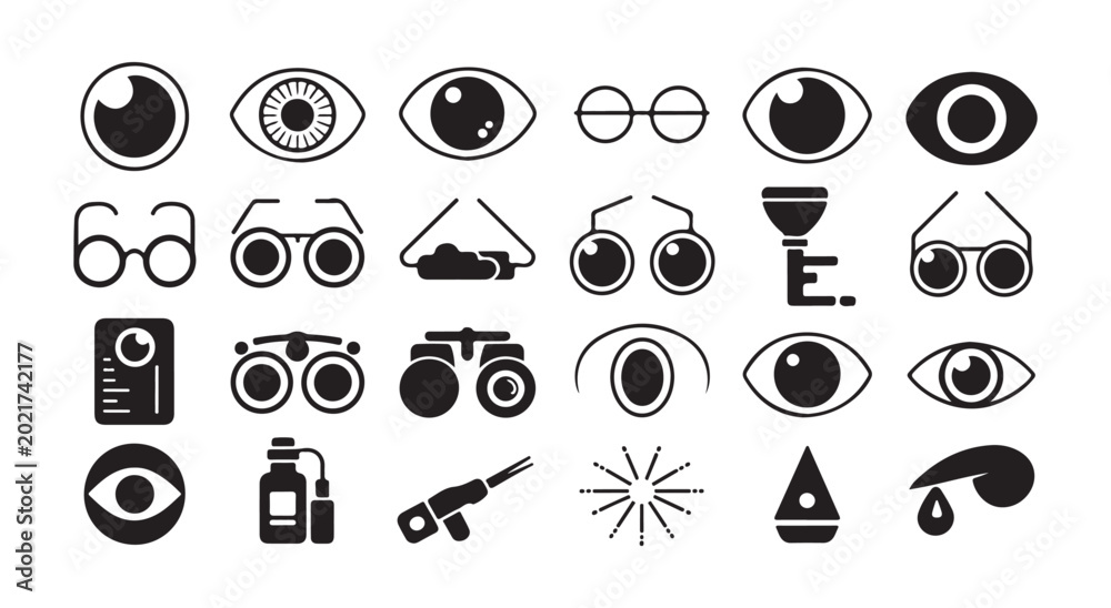 Εκτύπωση καμβά Optometry clinic symbols including trial frames and eye exam.