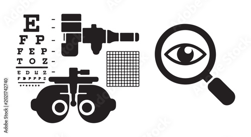 Foto Ophthalmology equipment and eye chart icons for vision tests.