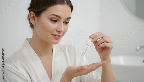 Woman Applies Facial Serum from Dropper Onto Her Hand