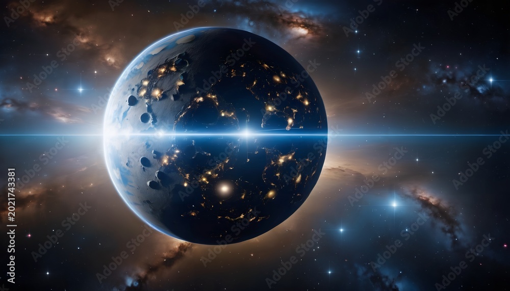 Obraz premium Earth from Space with Illuminated City Lights and Cosmic Background