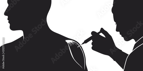 Schilderij op canvas silhouette of a nurse injecting a needle into a patient's shoulder