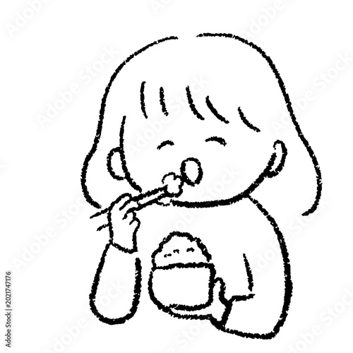 ご飯をおいしそうに食べる幸せな女性の手描きイラスト