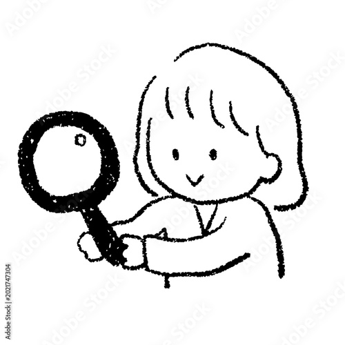 虫眼鏡で観察する女性の手描きイラスト