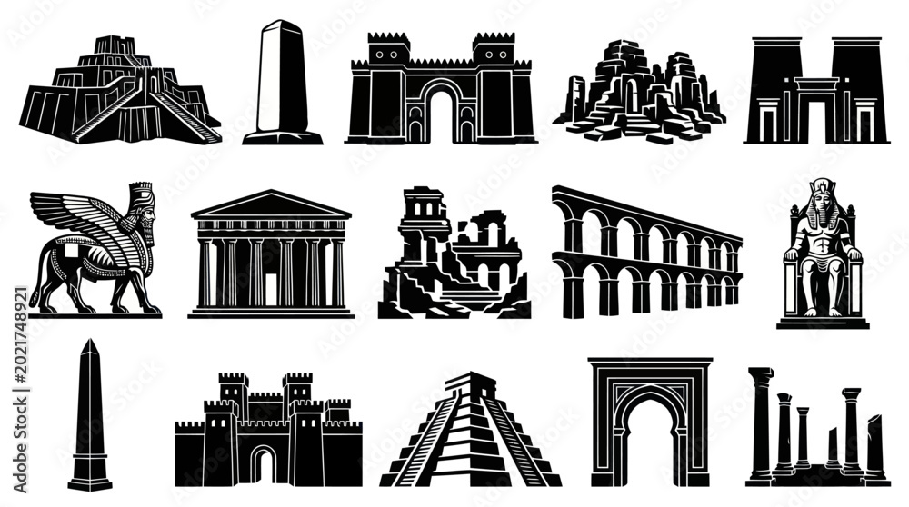 Fototapeta premium Ancient History Black White Glyphs - World Architectural Landmarks, Monuments, and Ruins Icon Set