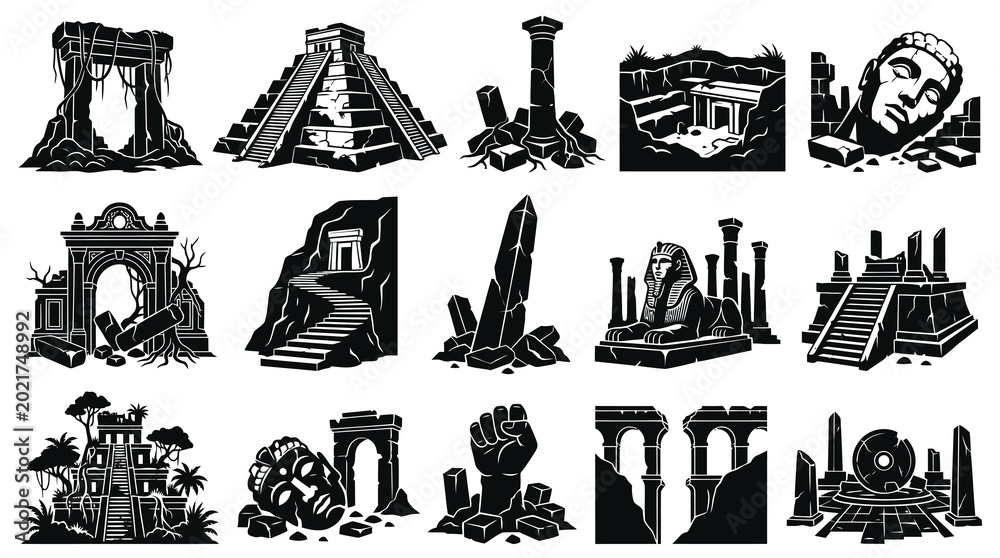 Fototapeta premium Black and White Glyph Vector Icons: Archaeology and Ancient History Ruins, Temples, Pyramids, and Monuments Set