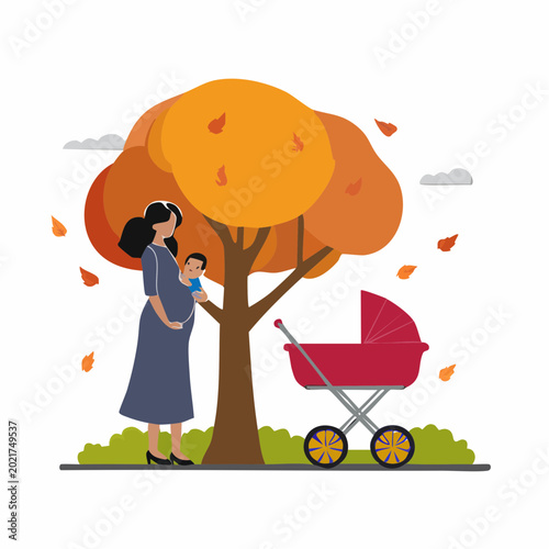 Pregnant Woman and Baby Under Autumn Tree with Stroller