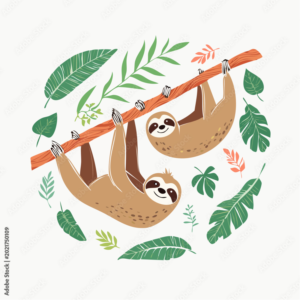 Fototapeta premium Cute Sloths Hanging on a Branch with Tropical Leaves