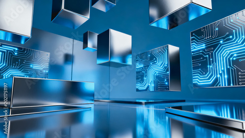 This 3D rendered interior scene features floating metallic cubes and circuit board displays with glowing blue lights, set on a reflective glossy floor.