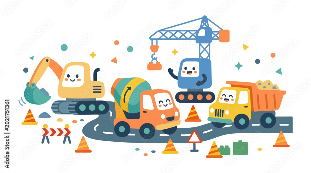 Obraz premium Cute Construction Vehicles Cartoon Style - Excavator, Cement Mixer, Crane, Dump Truck