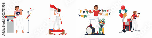 Cuadro en lienzo Flat vector illustration set of diverse women singing and performing during independence day celebrations, featuring flags, balloons, and musical equipment on white background