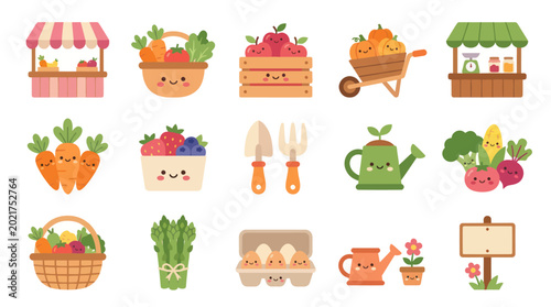 Agriculture  Gardening Flat Cartoon Vector Icons Set with Cute Farm Market Produce  Tools