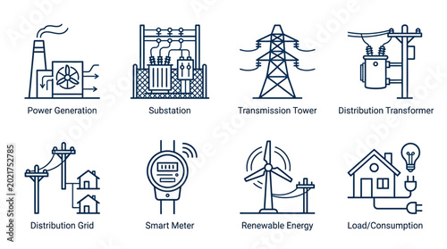 Electrical Power Generation and Distribution Icons with Renewable Energy and Smart Meter on Isolated White Background