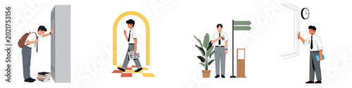 Bild auf Leinwand Flat vector illustrations of Indonesian high school students in various school activities including using lockers, walking, pledging, and waiting for class