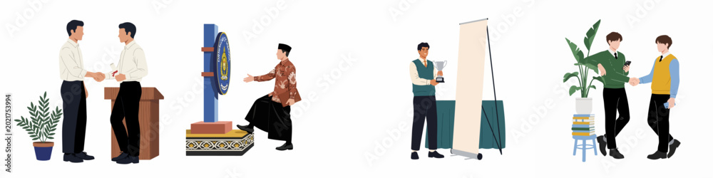 Obraz premium Flat illustration set depicting students and professionals celebrating success, graduation, and achievements through handshakes, trophies, and ceremonies.