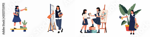 Bild auf Leinwand School girls in uniforms participating in various school activities like art, promotional events, and campus life, flat vector illustration