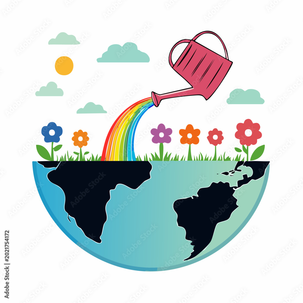Fototapeta premium Watering Can Pouring Rainbow onto Earth with Flowers