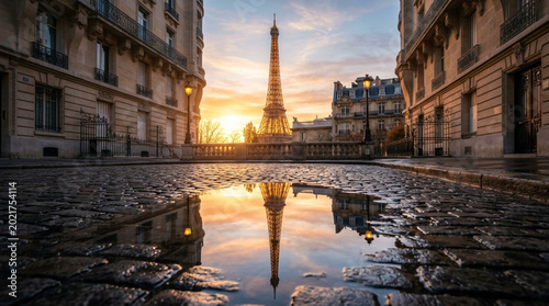 Eiffel Tower Reflection on Paris Street After Rain at Sunrise