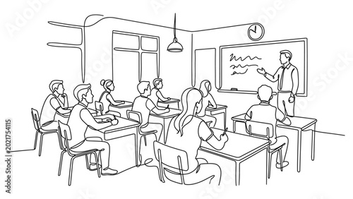 people sitting in classroom with teacher.