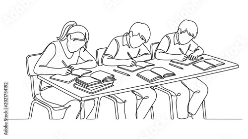 Three students studying together at a table.