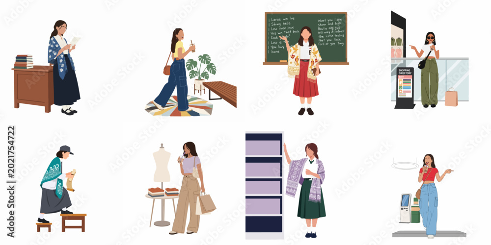 Fototapeta premium Set of illustrations featuring young Indonesian women in various daily activities, including school, shopping, and casual leisure, wearing modern and traditional-fusion outfits.