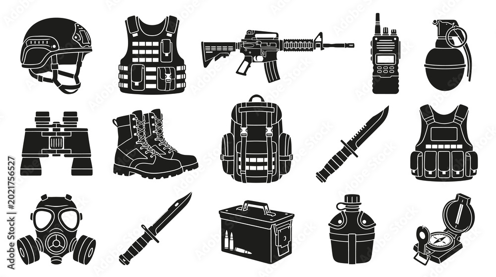 Fototapeta premium Military Equipment Icons Black and White Vector Set