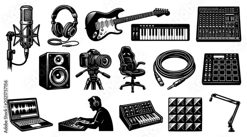 Black and White Vector Icons of Music Production Equipment for Studio and Audio Recording