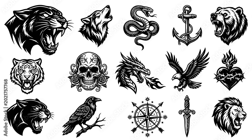 Obraz premium Black and white vector tattoo designs: animals, skull, anchor, compass, sword