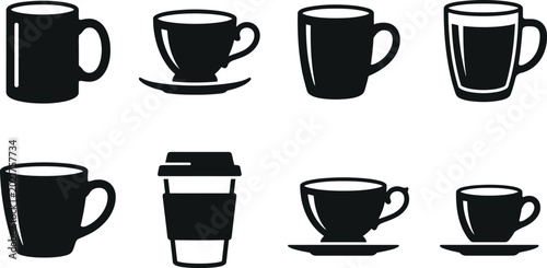 Fotografija Coffee mugs and teacups silhouette collection flat vector icons featuring dispos