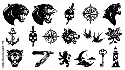 Black  White Traditional Tattoo Design Vector Set: Vintage Illustrations of Animals, Nautical  Classic Symbols