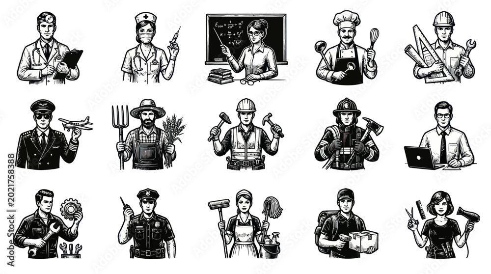 Obraz premium Professional Workers Avatars Black White Line Art Set - Diverse Occupations and Job Roles Collection