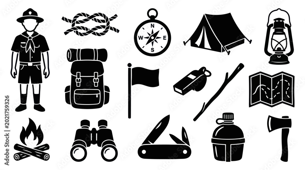 Fototapeta premium Camping Gear Icons: Scout, Tent, Compass, Lantern, Backpack, Axe, Knife, Map, Fire