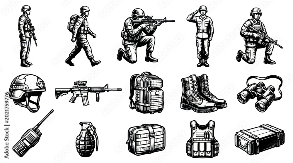 Fototapeta premium Military Equipment and Soldiers Vector Icons: Black and White Line Art