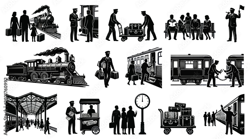 Obraz premium Retro Railway Travel Black White Silhouettes: Train Station, Passengers, Porters, and Vintage Locomotive Illustrations