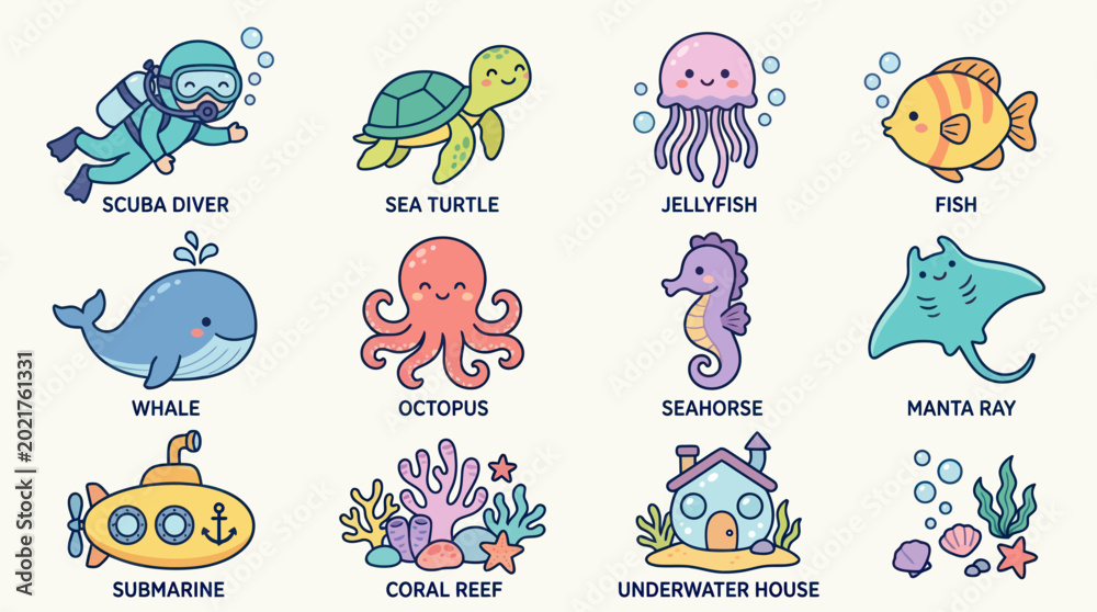 Fototapeta premium Cute Cartoon Ocean Life Icons: Scuba Diver, Whale, Fish, Sea Creatures, Flat Art