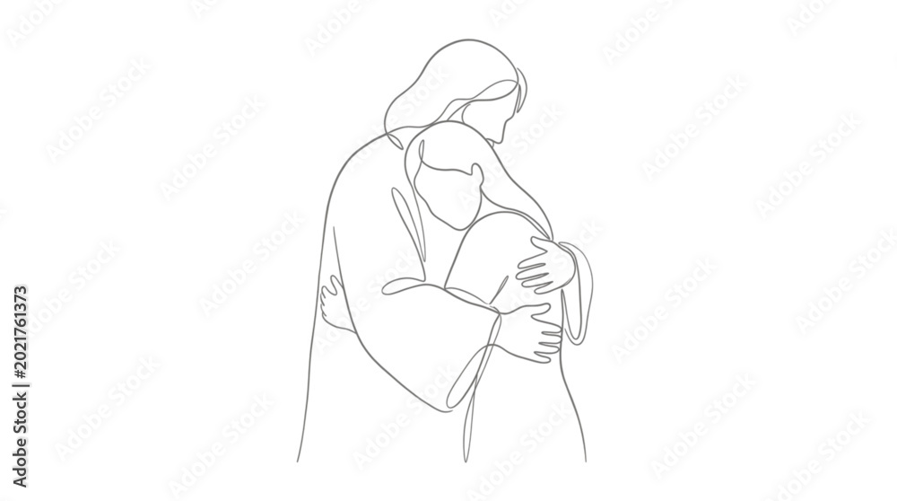 Fototapeta premium Minimalist Line Art Drawing of Jesus Christ Embracing and Comforting a Person for Religious or Spiritual Healing Design Projects