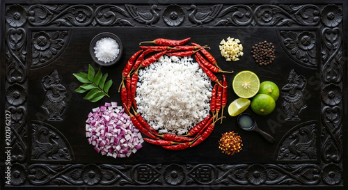 Hyper-realistic flat lay of Pol Sambol ingredients on carved Sri Lankan ebony wood