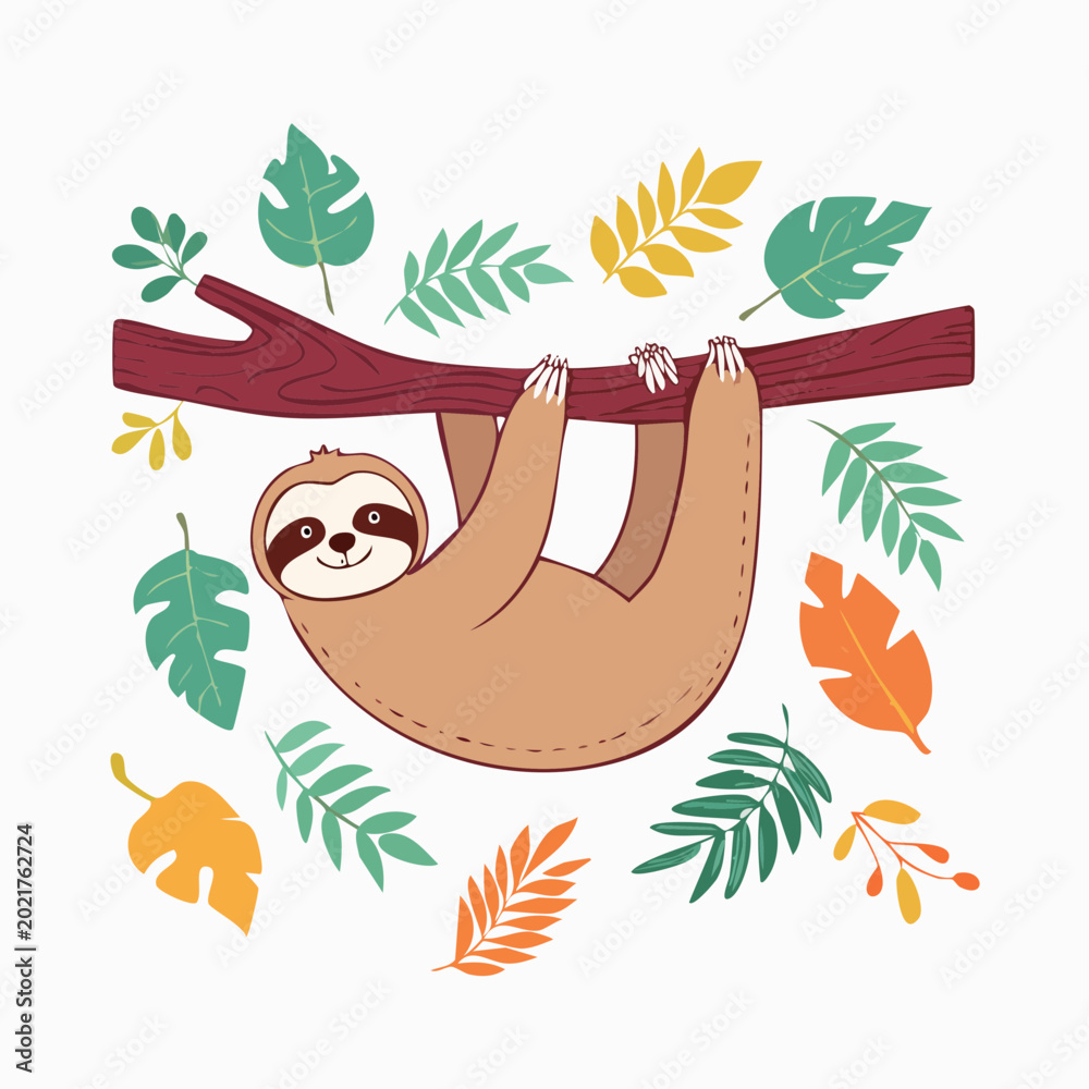 Fototapeta premium Cute Sloth Hanging on a Branch with Tropical Leaves