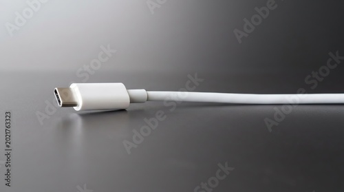 Close-up shot of a white charging cable connector resting on a glossy gray surface with soft shadows