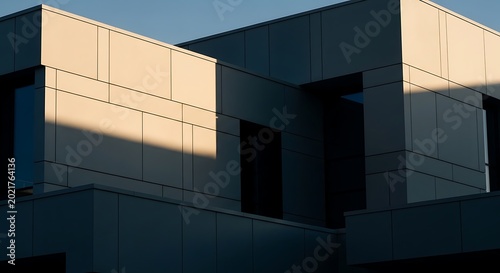 Modern architectural building facade with geometric panels and dramatic sunlight and shadow contrast minimalist exterior design of a contemporary office or residential structure