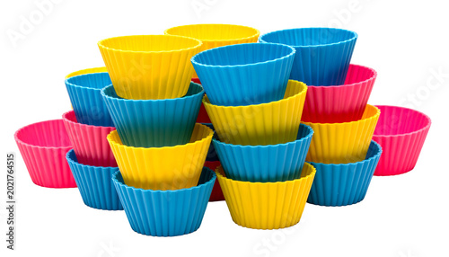Colorful Silicone Muffin Cups Stacked Yellow Blue Pink Baking Kitchen