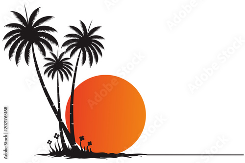 Foto The golden sunset silhouettes of tropical palm trees adorn the tranquil beach, evoking the feeling of a summer vacation on a beautiful island