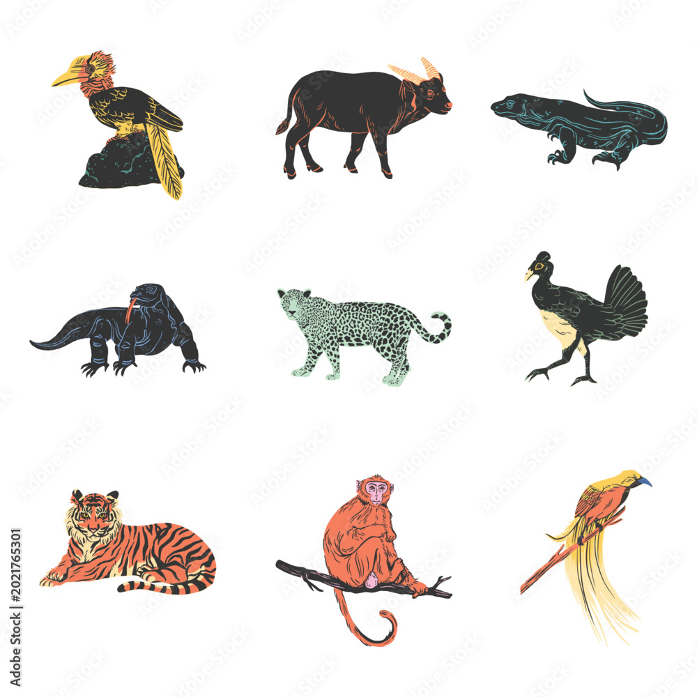Obraz premium Set of wild exotic animals. Detailed vector illustration of jungle and savanna creatures including birds, reptiles and mammals.