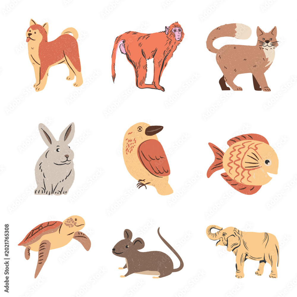 Obraz premium Collection of various wild and domestic animals. Flat vector illustration of cute pets, mammals, birds and sea creatures on white background.