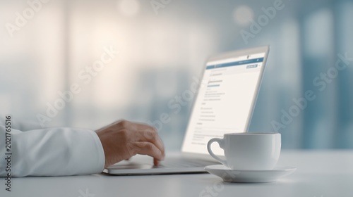 person updating LinkedIn profile, digital career networking concept, clean workspace, editorial business photography
