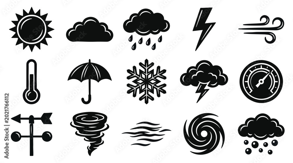Obraz premium Weather and Climate Black Glyph Icons Set: Forecast, Temperature, Sun, Rain, Storm, Wind Symbols