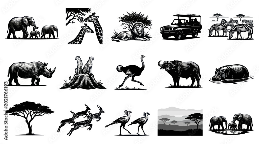 Obraz premium African Safari Wildlife Monochrome Vector Illustrations Collection: Animals, Landscape, Trees, and Tour Jeep