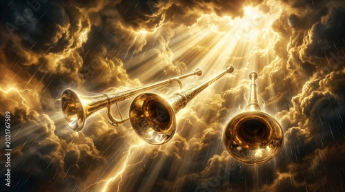 Trumpets of heaven sounding to herald the arrival of the King of Kings for judgment.