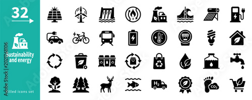 Bild auf Leinwand Sustainability and energy filled icon set