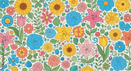 A colorful floral pattern with various flowers
